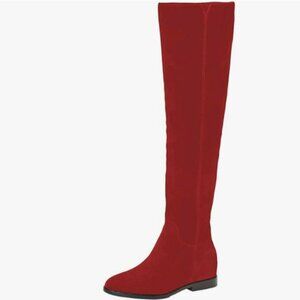 Red Almond Toe Knee High Boots with Partial Zipper Stretchy Dressy Long Boot